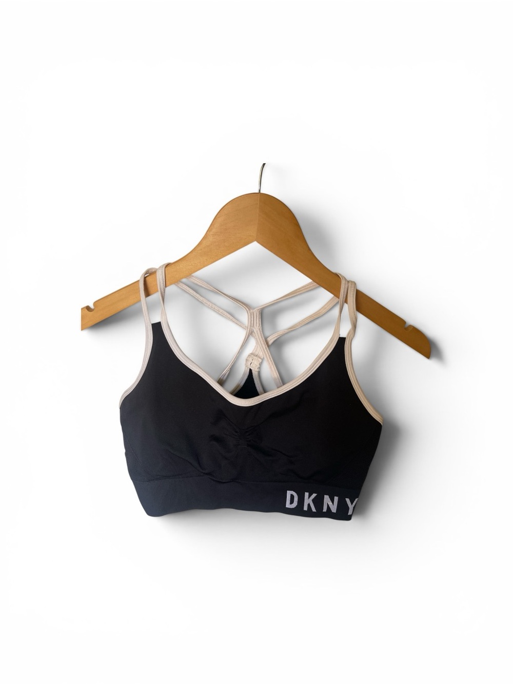 DKNY Black Sports Bra with White Trim and Strappy Back